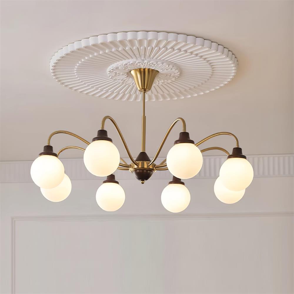 Lucienne Retro Chandelier, Walnut Wood Frame with Glass Shades