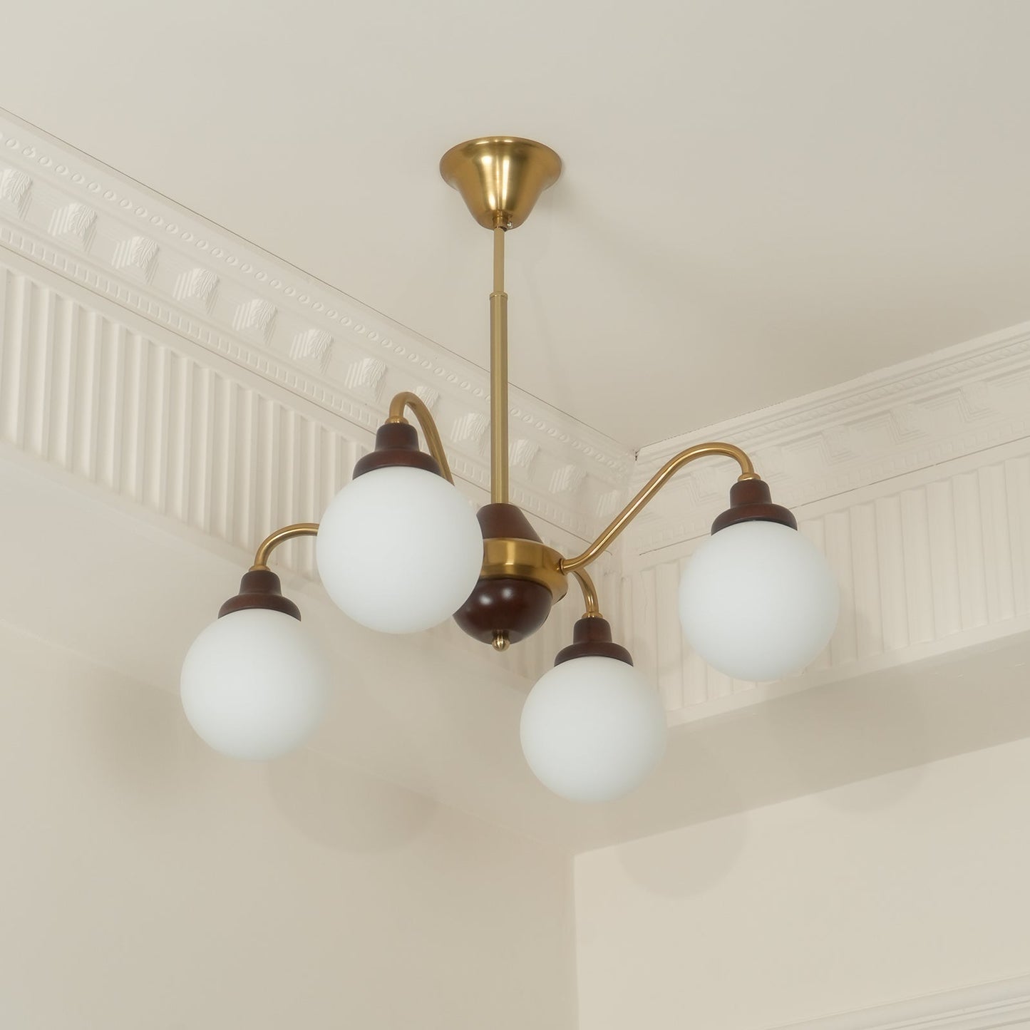 Lucienne Retro Chandelier, Walnut Wood Frame with Glass Shades