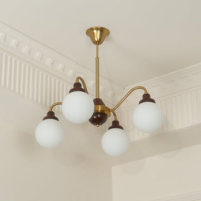 Lucienne Retro Chandelier, Walnut Wood Frame with Glass Shades