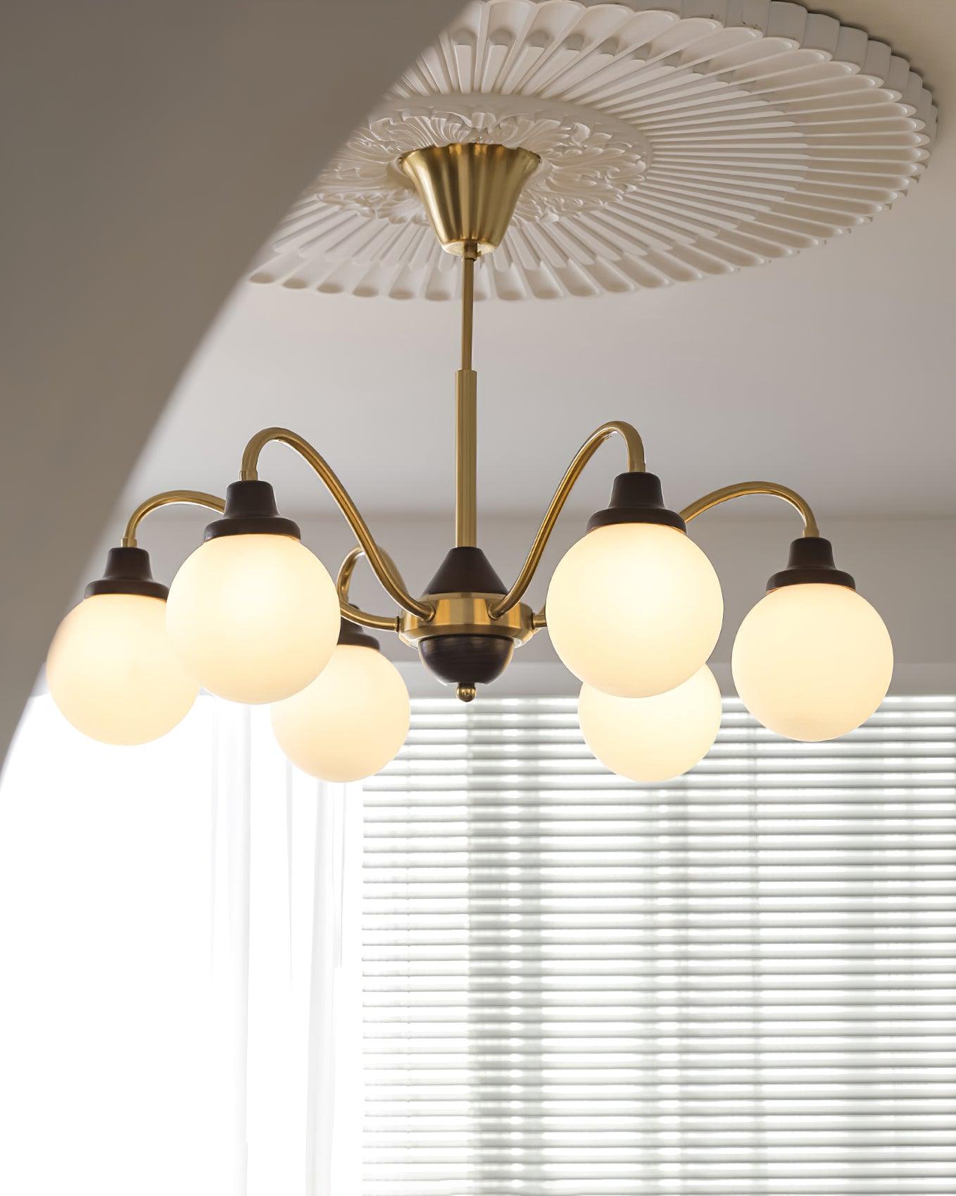 Lucienne Retro Chandelier, Walnut Wood Frame with Glass Shades