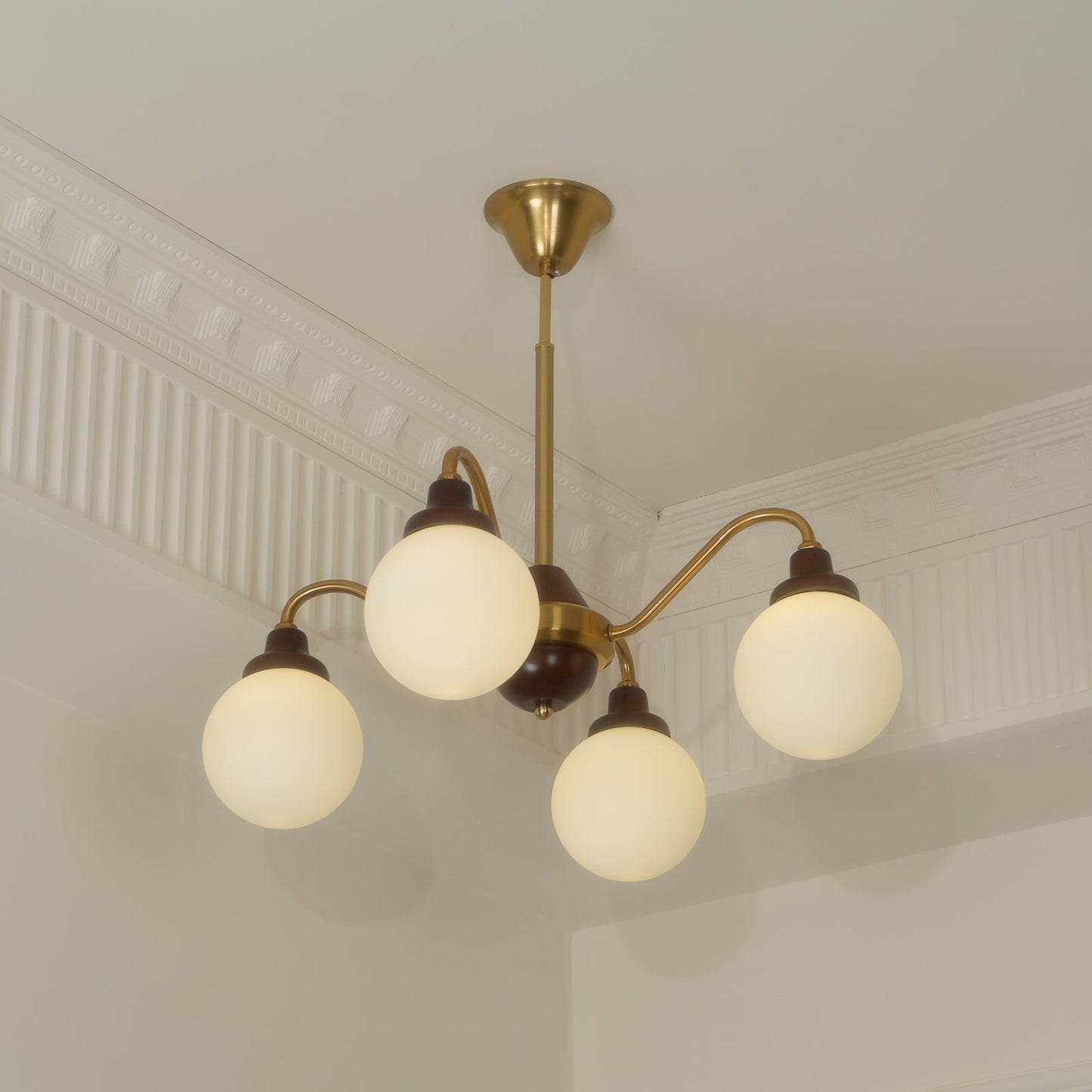 Lucienne Retro Chandelier, Walnut Wood Frame with Glass Shades