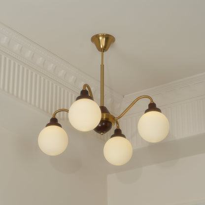 Lucienne Retro Chandelier, Walnut Wood Frame with Glass Shades