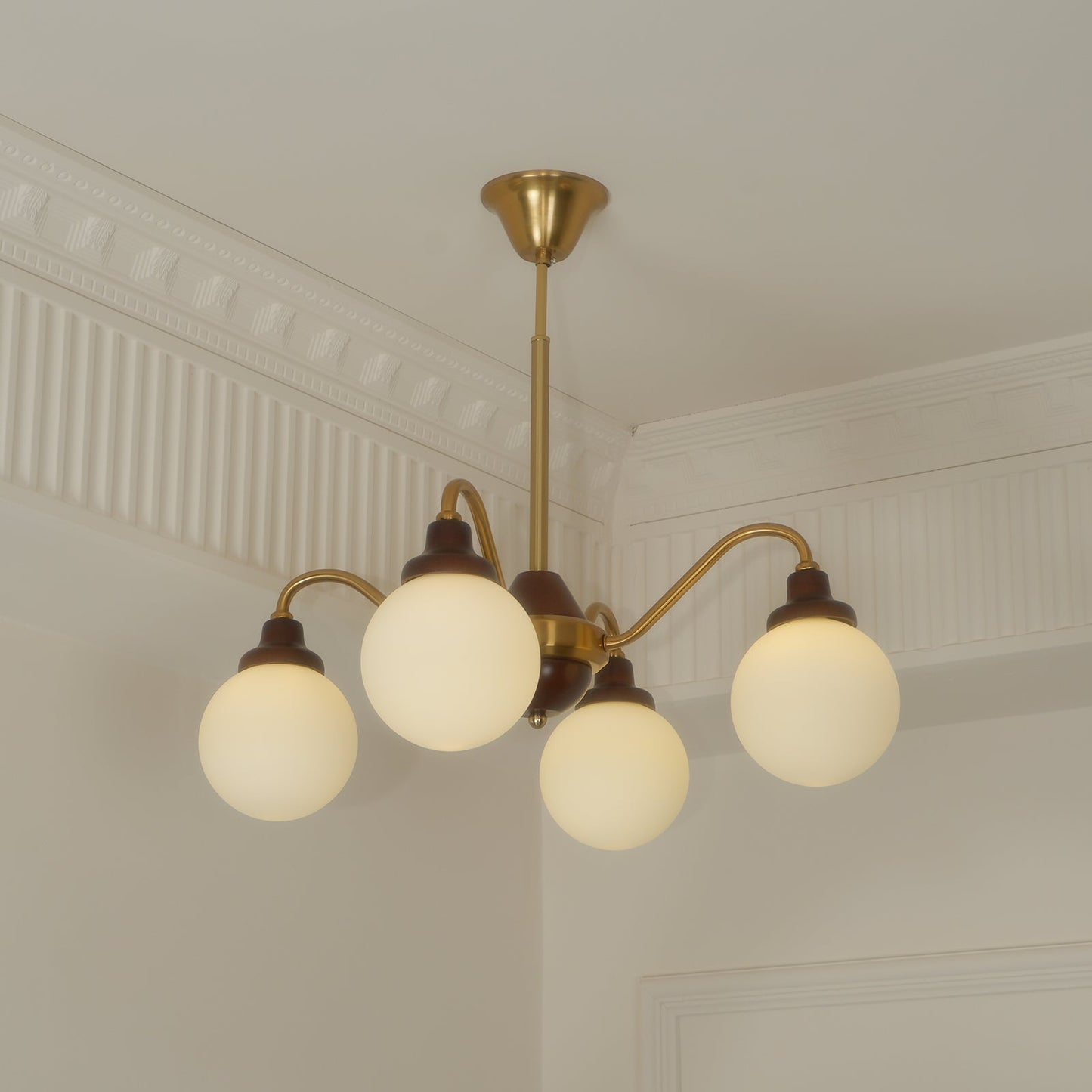Lucienne Retro Chandelier, Walnut Wood Frame with Glass Shades