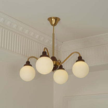 Lucienne Retro Chandelier, Walnut Wood Frame with Glass Shades