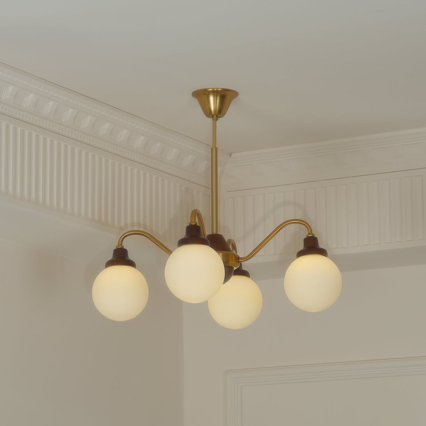Lucienne Retro Chandelier, Walnut Wood Frame with Glass Shades