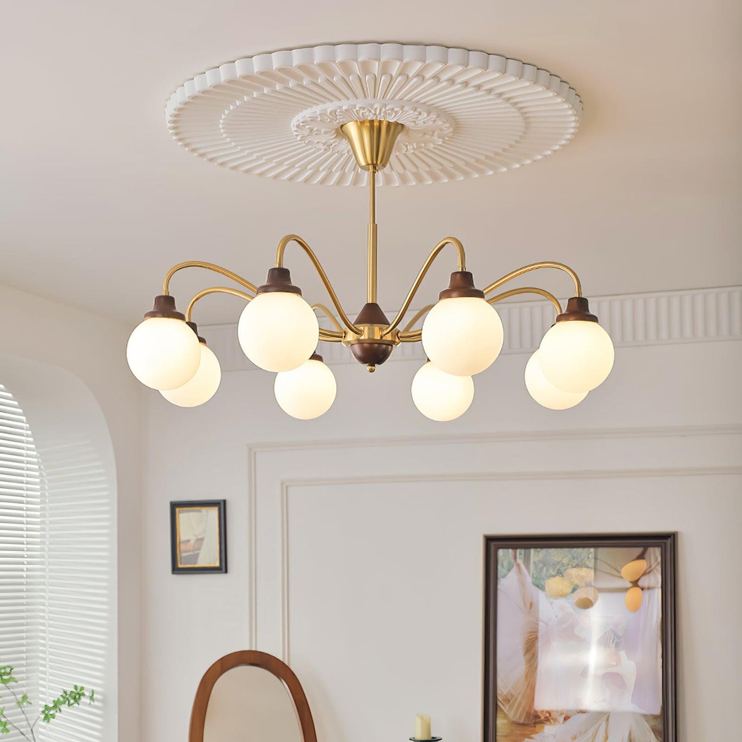 Lucienne Retro Chandelier, Walnut Wood Frame with Glass Shades