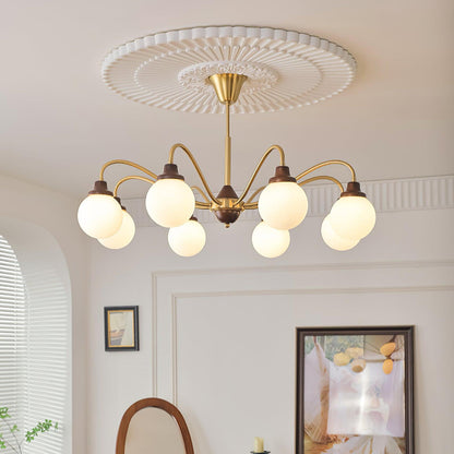 Lucienne Retro Chandelier, Walnut Wood Frame with Glass Shades