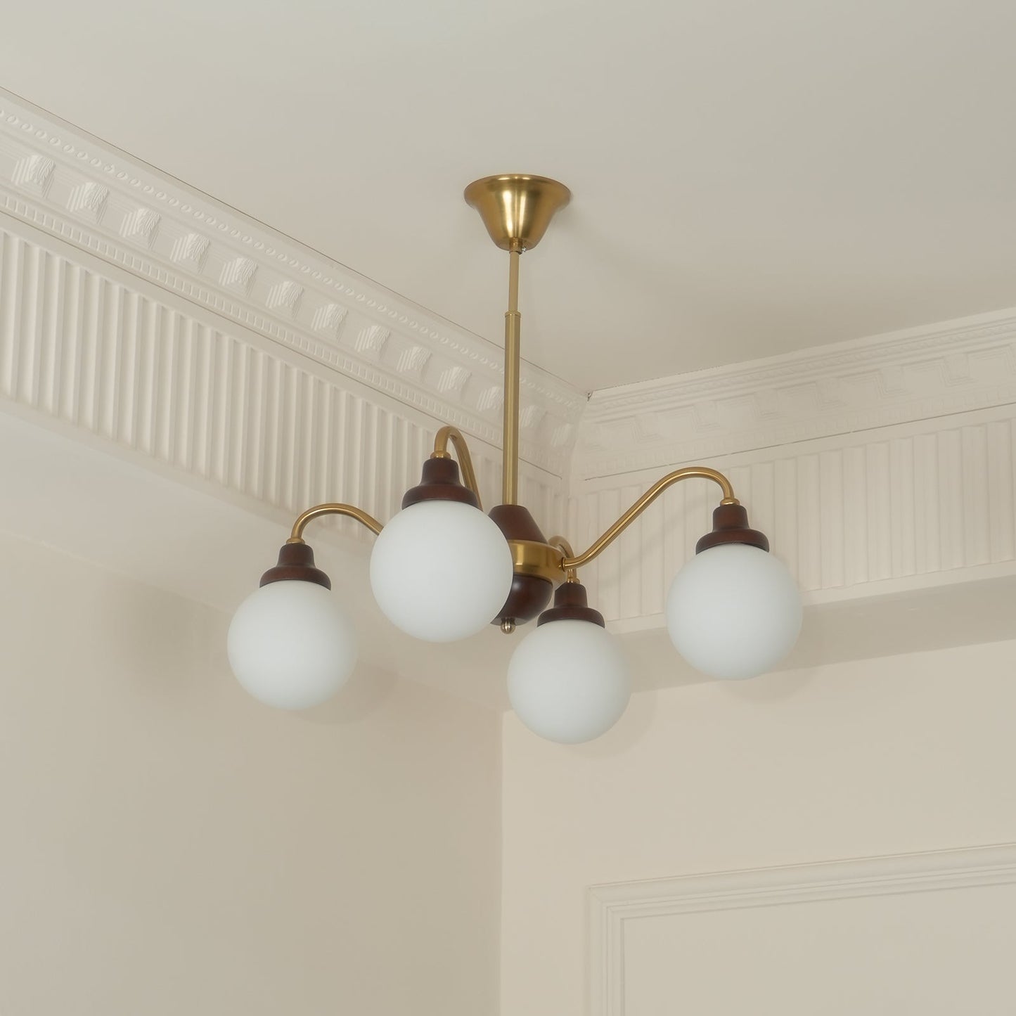 Lucienne Retro Chandelier, Walnut Wood Frame with Glass Shades