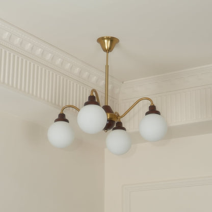 Lucienne Retro Chandelier, Walnut Wood Frame with Glass Shades
