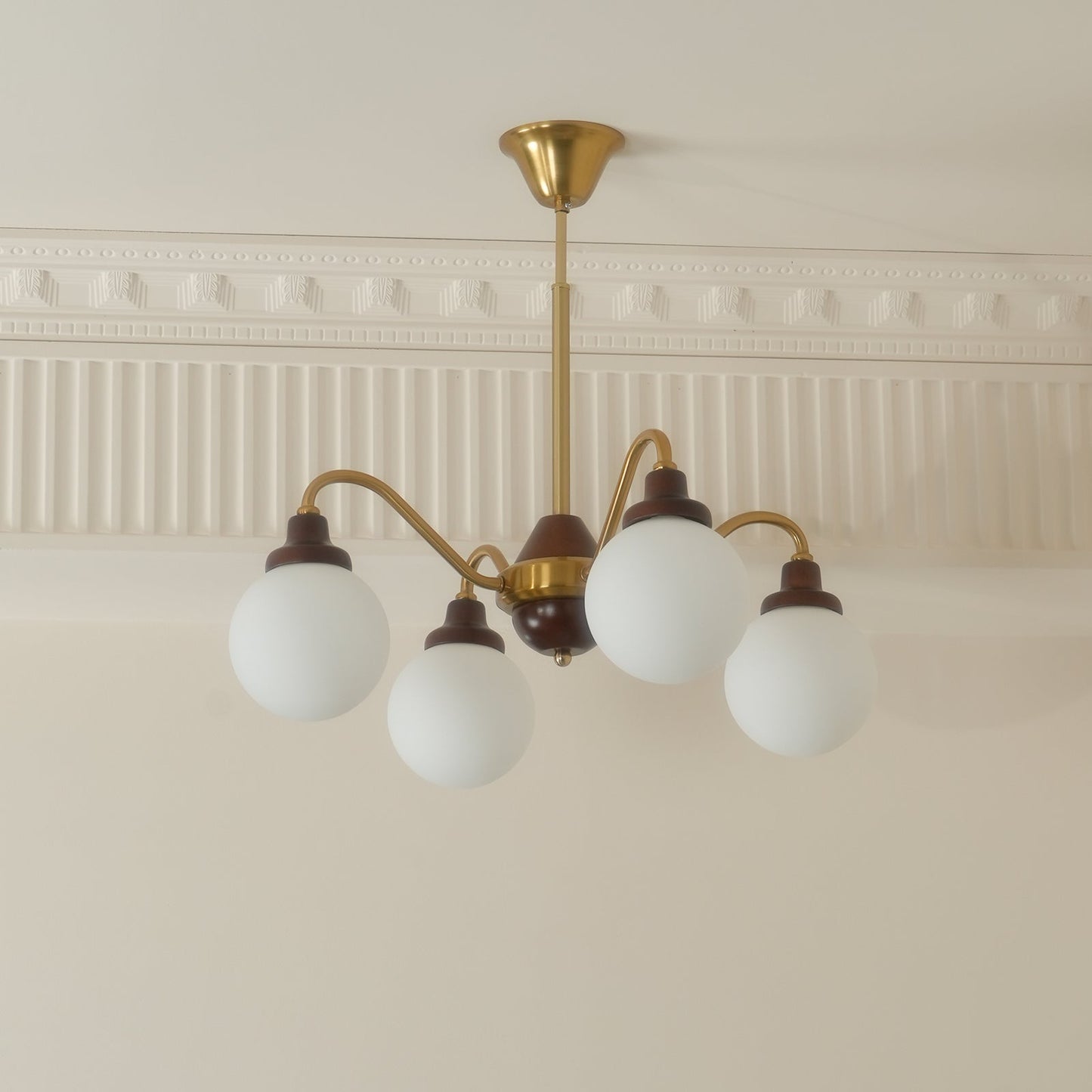 Lucienne Retro Chandelier, Walnut Wood Frame with Glass Shades