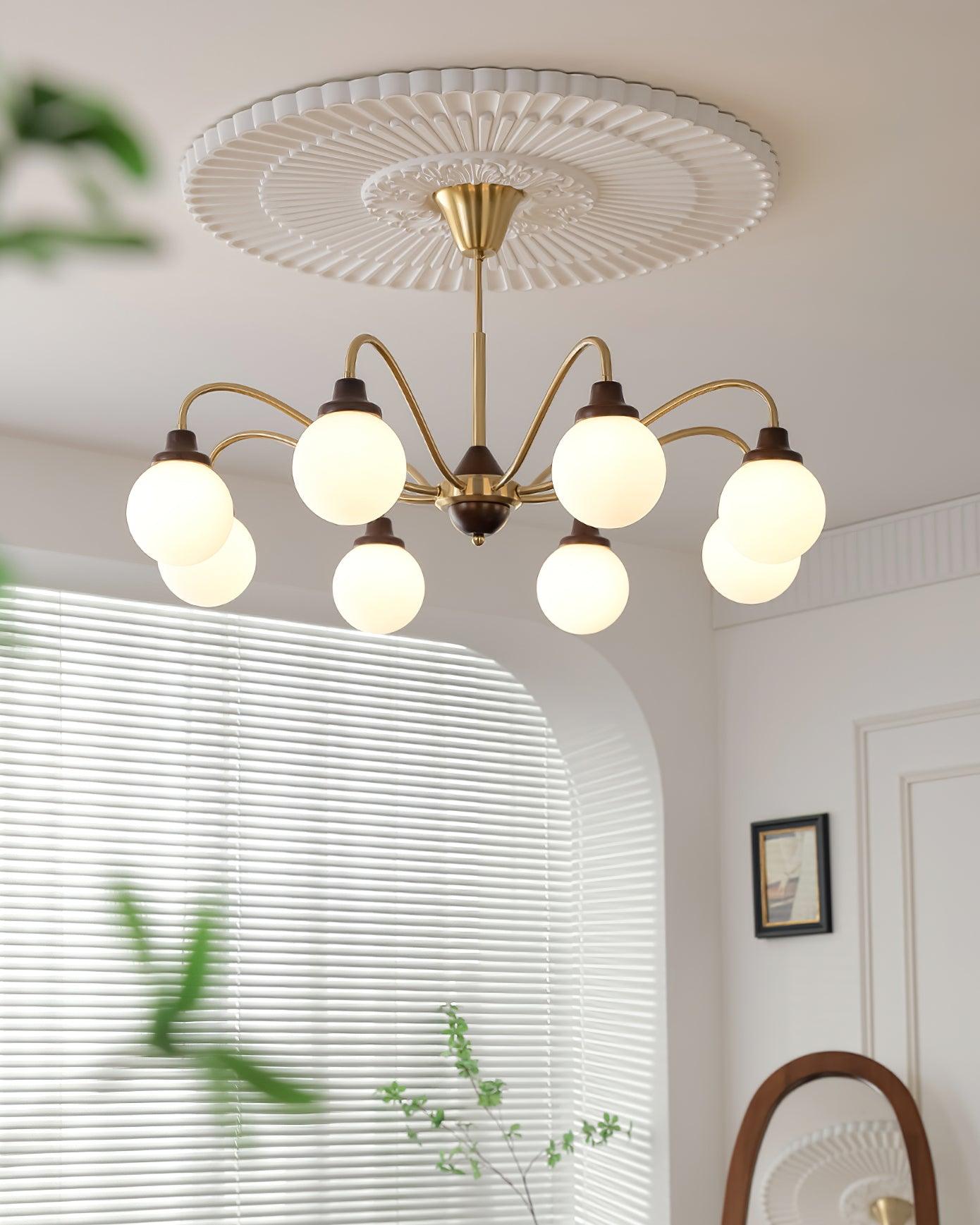 Lucienne Retro Chandelier, Walnut Wood Frame with Glass Shades