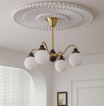 Lucienne Retro Chandelier, Walnut Wood Frame with Glass Shades