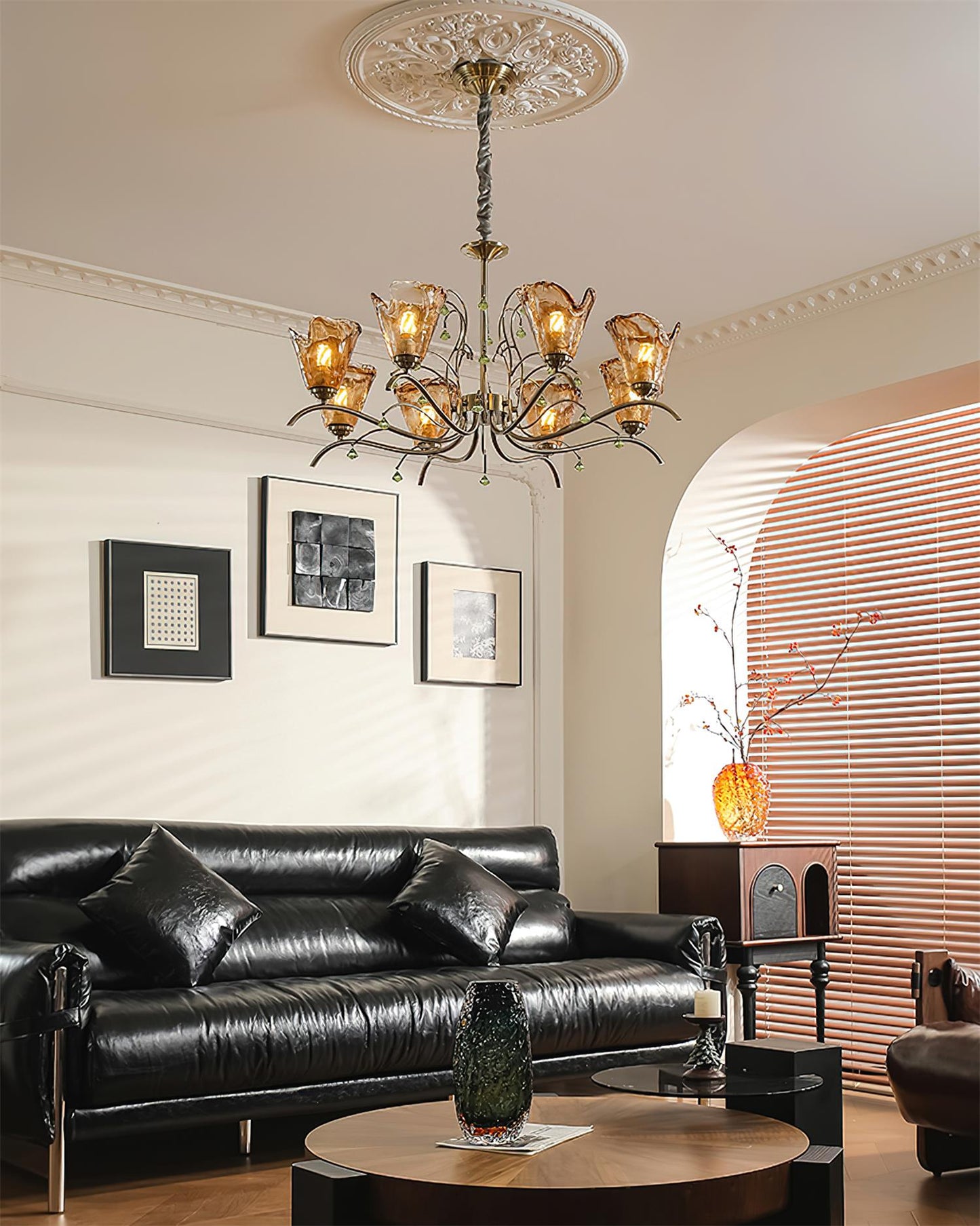 Auriane Glass Chandelier, Amber Shades with Crystal Accents