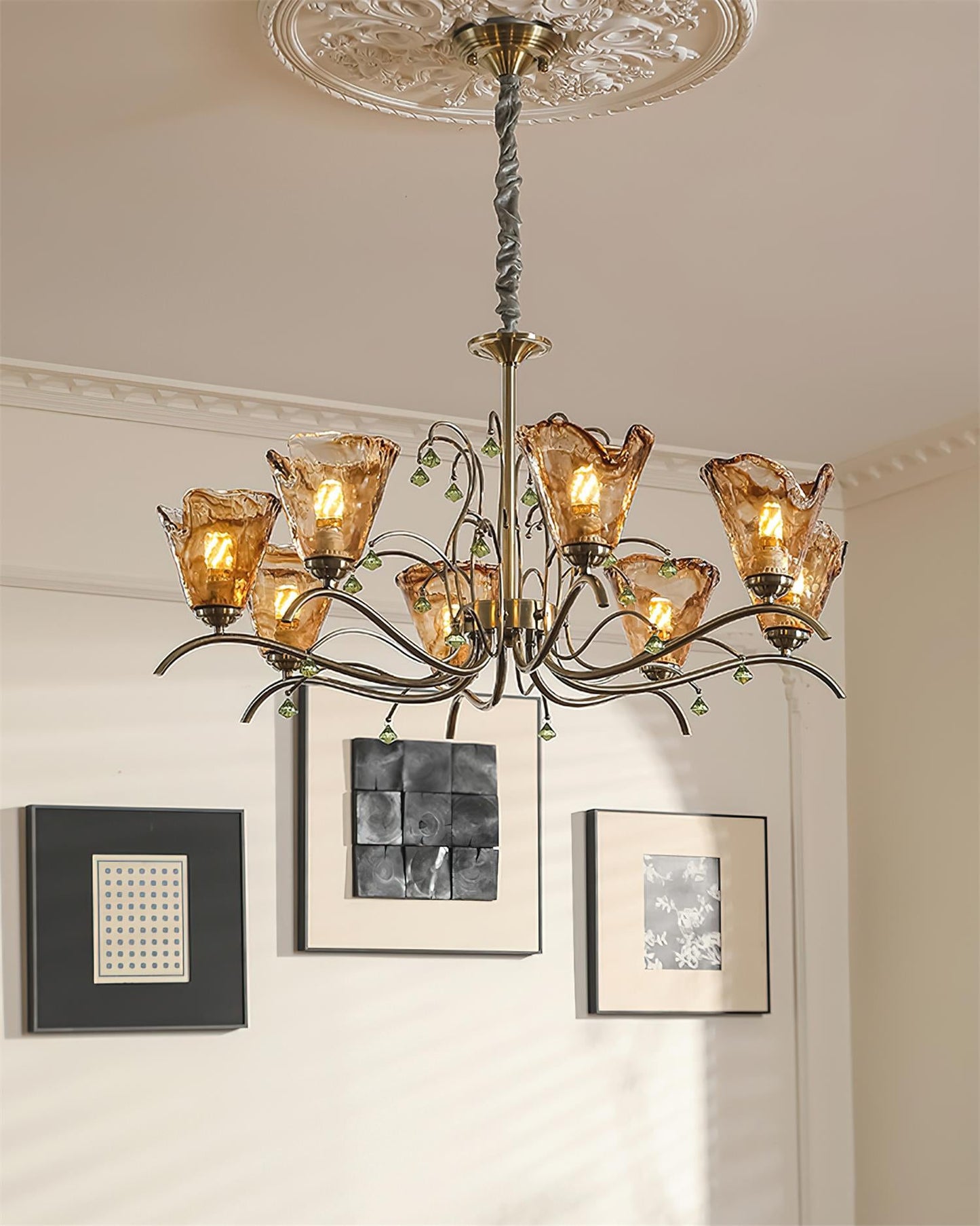 Auriane Glass Chandelier, Amber Shades with Crystal Accents