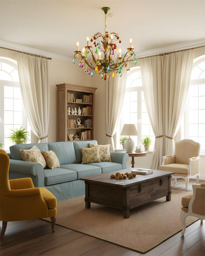 Solène Artistic Chandelier, Multicolor Glass Drops with Metal Frame