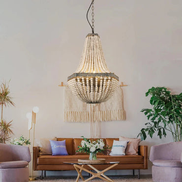 Camille Wooden Bead Cascade Pendant Lamp Rustic Ceiling Light