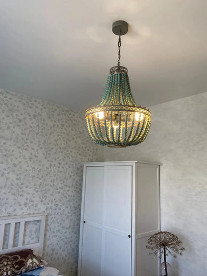 Camille Wooden Bead Cascade Pendant Lamp Rustic Ceiling Light