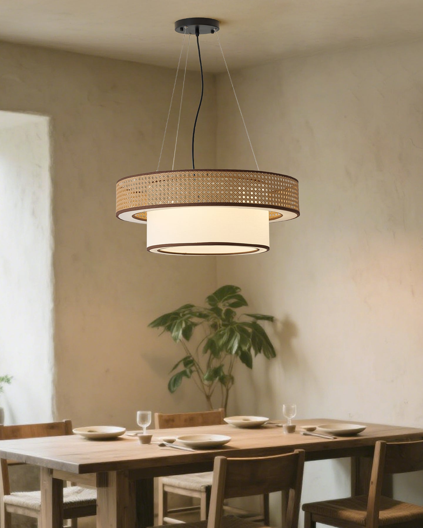 Camille Wicker Chandelier, Rattan Frame with Fabric Shade