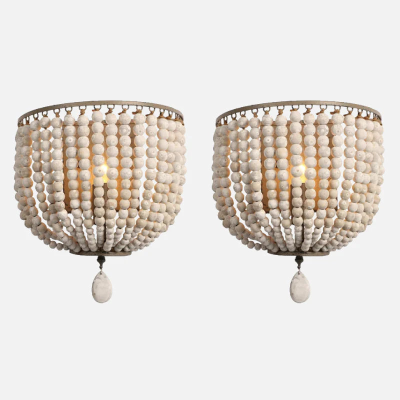 Camille Wooden Bead Cascade Wall Lamp Boho Rustic Sconce Light