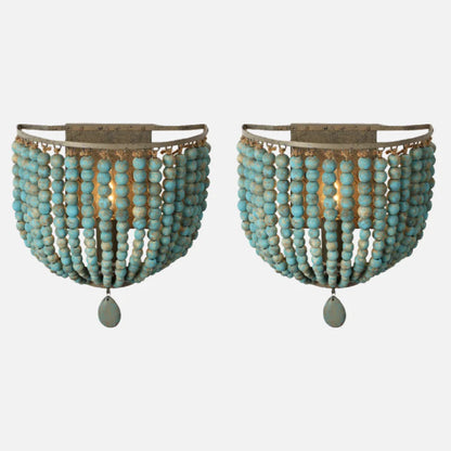 Camille Wooden Bead Cascade Wall Lamp Boho Rustic Sconce Light