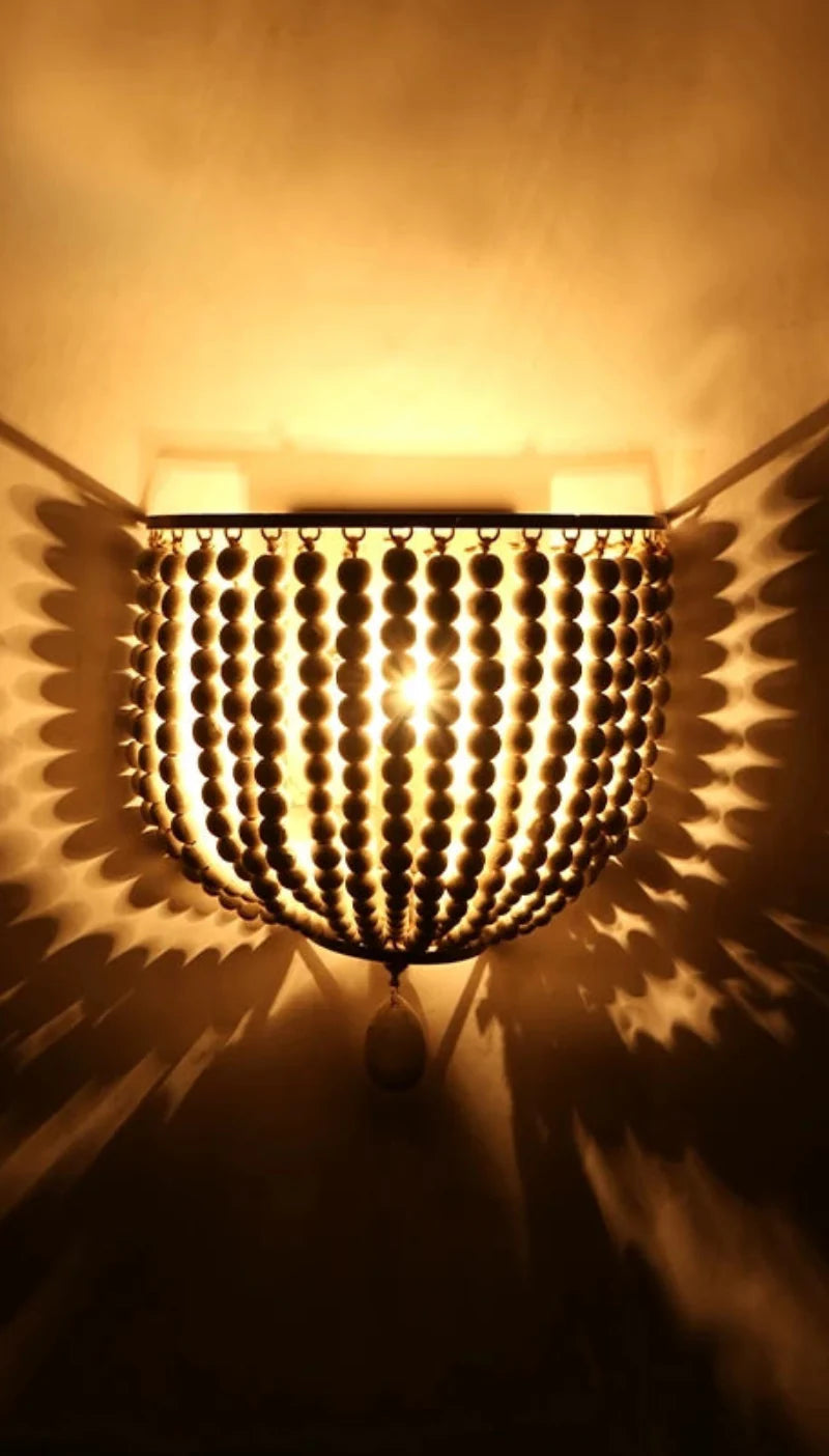 Camille Wooden Bead Cascade Wall Lamp Boho Rustic Sconce Light