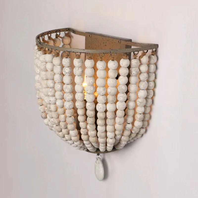 Camille Wooden Bead Cascade Wall Lamp Boho Rustic Sconce Light