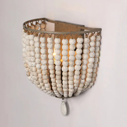 Camille Wooden Bead Cascade Wall Lamp Boho Rustic Sconce Light