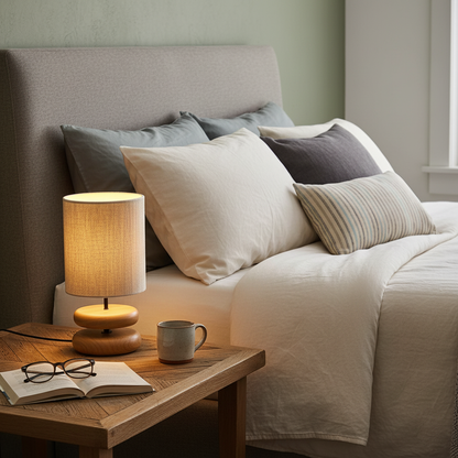 Camille Wooden River Rock Table Lamp with Fabric Shade