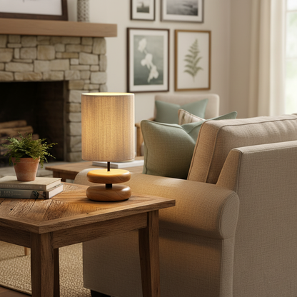 Camille Wooden River Rock Table Lamp with Fabric Shade