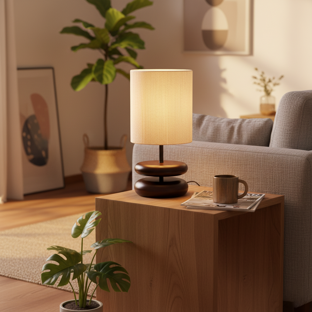 Camille Wooden River Rock Table Lamp with Fabric Shade
