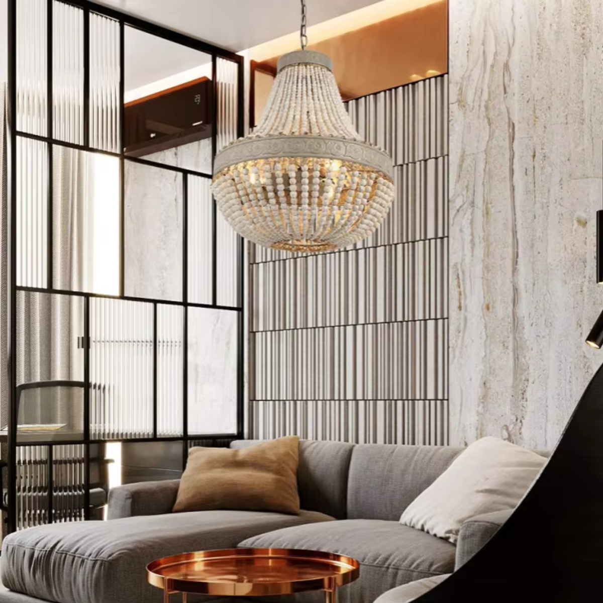 Camille Wooden Bead Cascade Pendant Lamp Rustic Ceiling Light