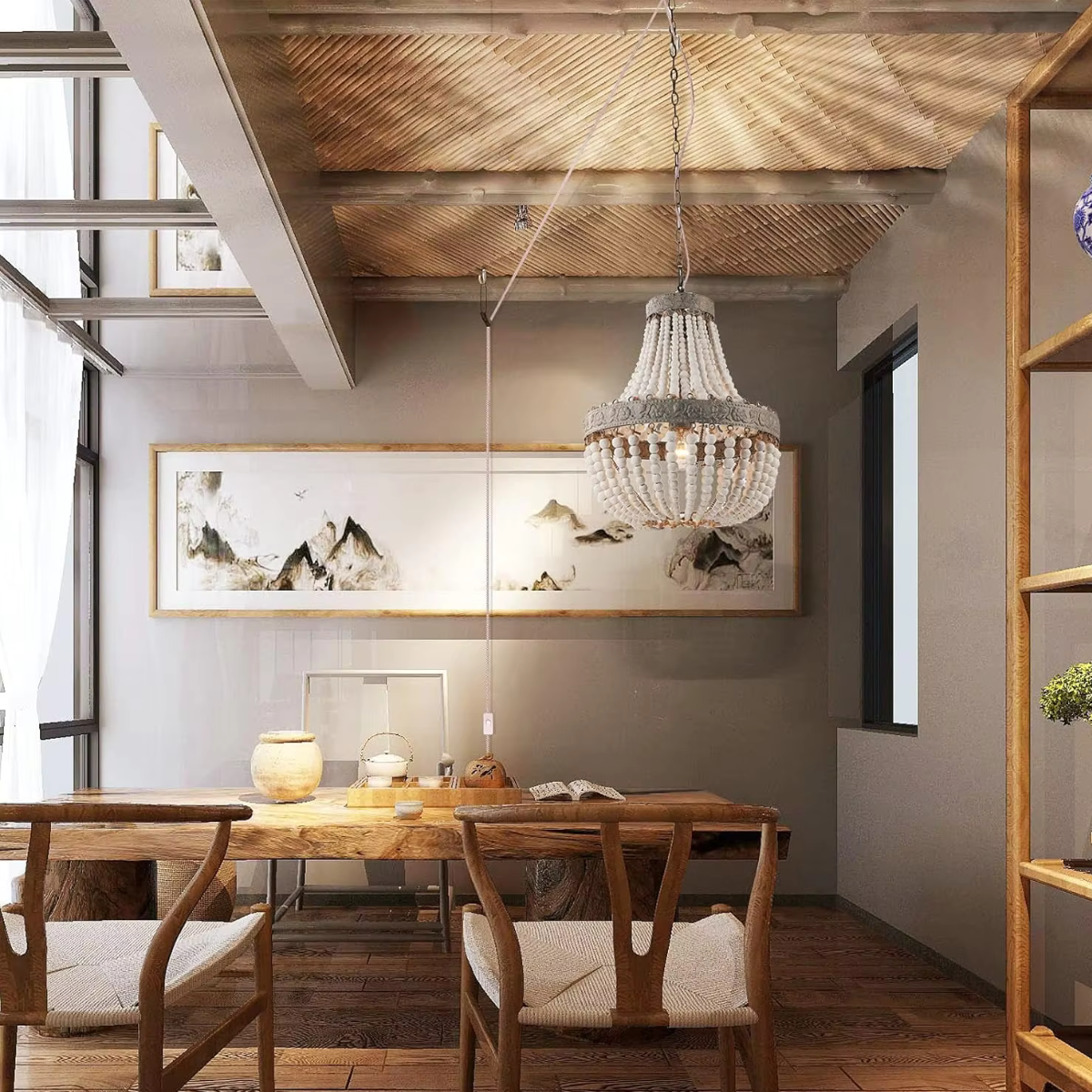 Camille Wooden Bead Cascade Pendant Lamp Rustic Ceiling Light